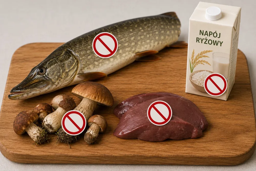 Duża ryba drapieżna, leśne grzyby, plaster wątróbki i karton napoju ryżowego oznaczone symbolem zakazu — produkty mogące zawierać substancje szkodliwe dla niemowlaka